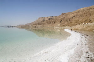 The Dead Sea, with salt deposits on the shoreline