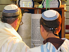 A Sephardi boy reading the Torah at his Bar Mitzvah. The Sephardi custom is for the Torah Scroll to be kept in a wooden case which opens so that it may be read, but the Scroll is not removed from the case. The black straps at the back of the boy's head are part of his tefillin and indicate that this was a weekday Bar Mitzvah since tefillin are not worn on Shabbat.