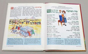 Pages from an illustrated Haggadah for children. This one has 'parallel' Hebrew and English text (the Hebrew text of the Haggadah has an English translation alongside it); the text in blue boxes at the bottom of the pages is explanation of the text.