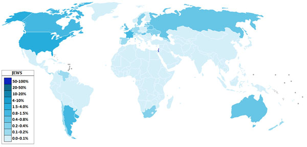 World map showing what percentage of each country's population is Jewish (map courtesy of Wikimedia Commons)