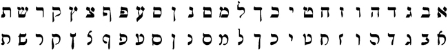 The top line (above) shows the Hebrew alphabet in ordinary block letters, while the bottom line shows the same letters in Rashi script.